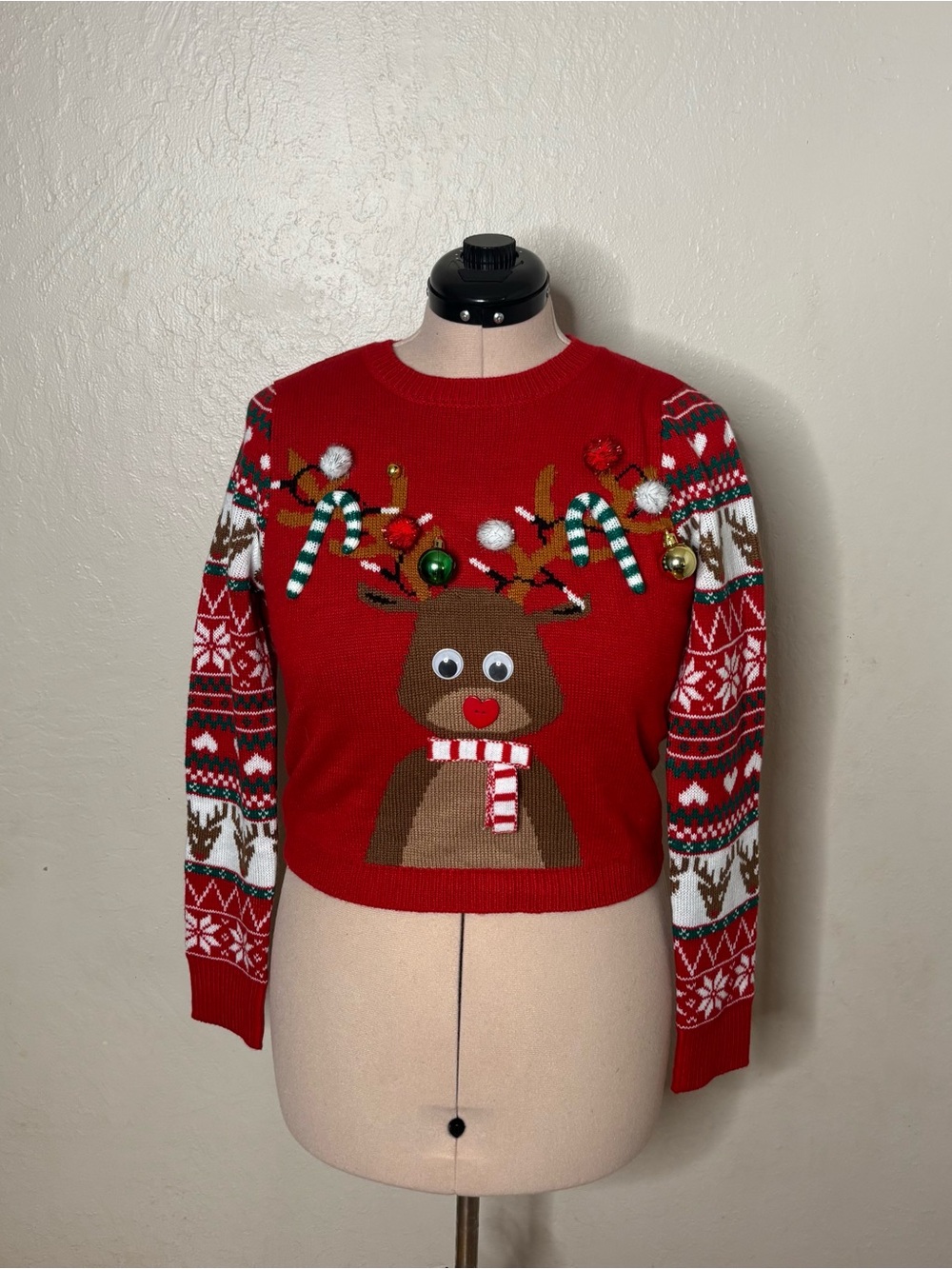 Red Reindeer Embellished Crewneck Holiday Sweater
